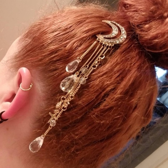 🎀 CRESCENT MOON HAIR PIECE CLIPIN BOHO CHIC CRYSTAL LOVE DANGLE BLING DIAMOND - Picture 2 of 10